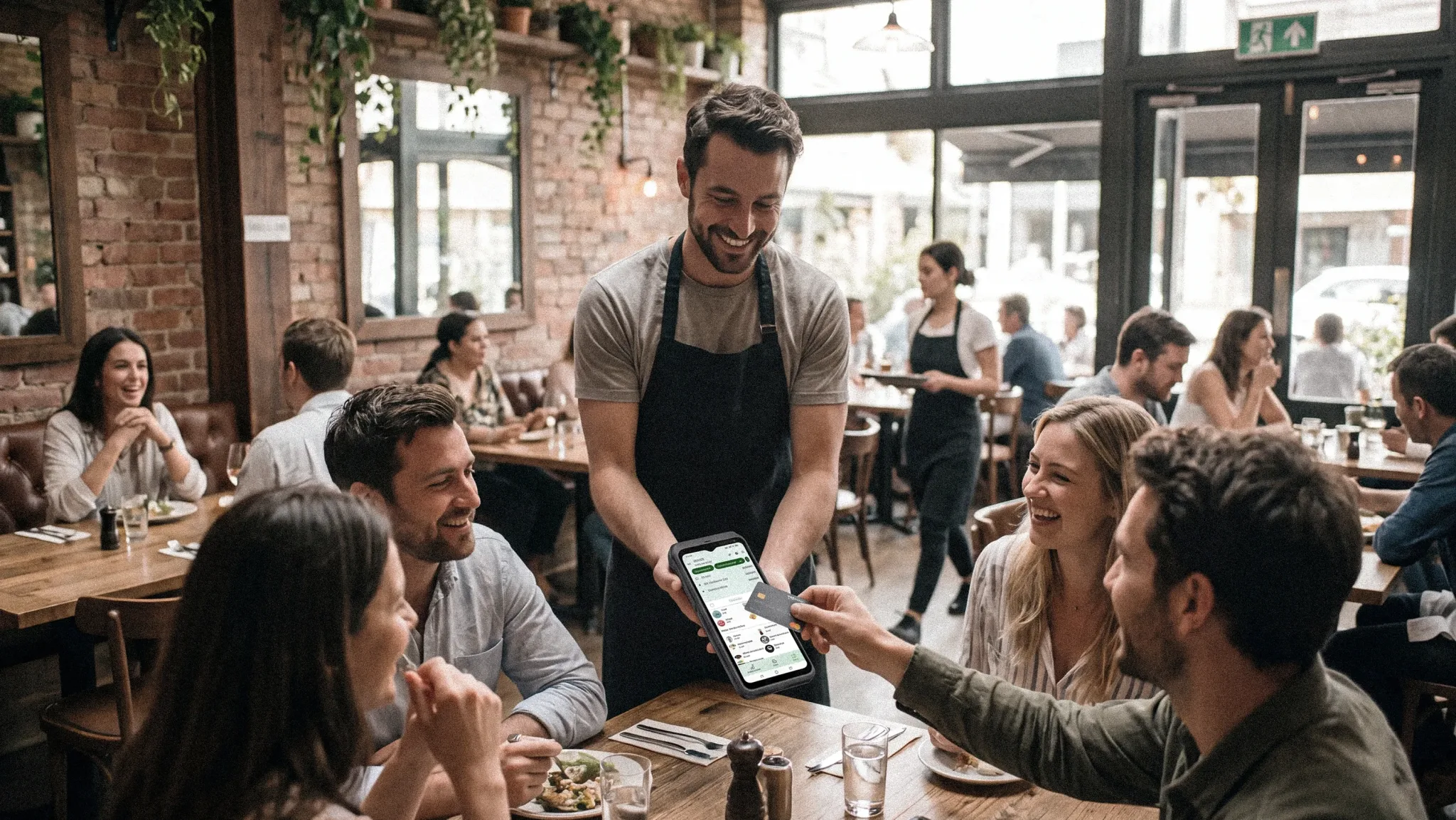 Serveur encaissant le paiement d'un client à table avec le PAD de commande becash