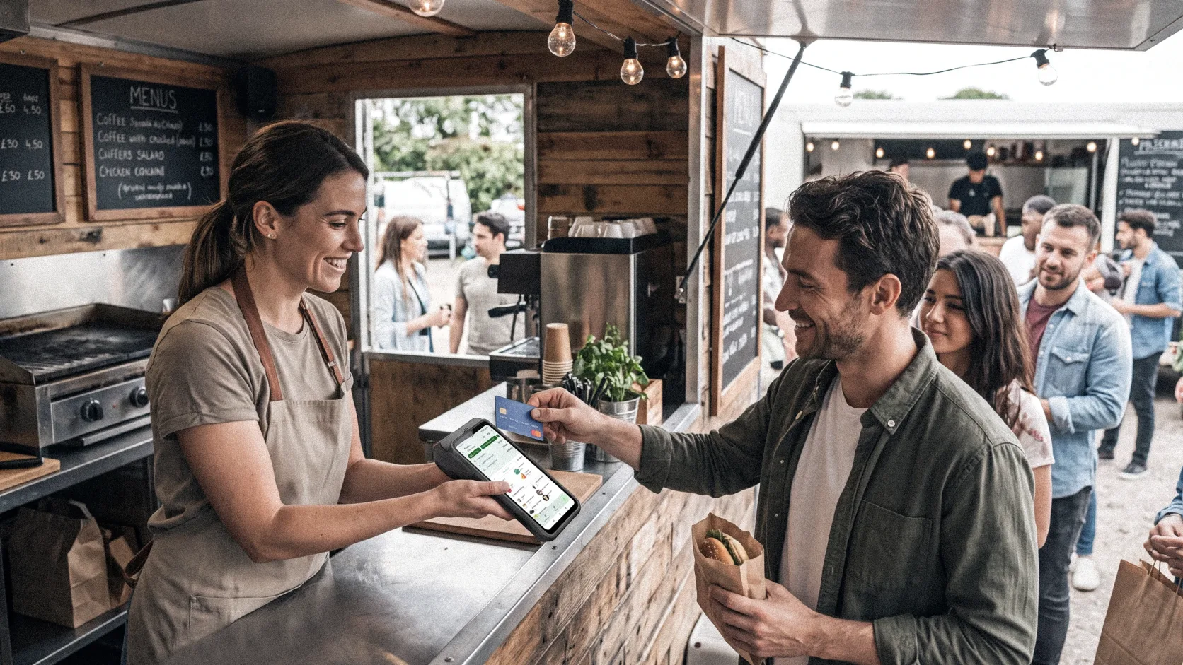 Client réglant sa commande par carte au comptoir d'un food truck, sur le PAD becash